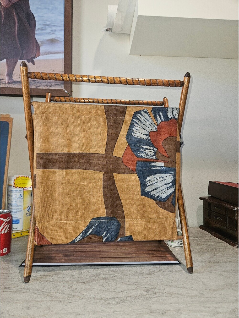 Vintage Wooden Magazine Rack with Fabric Holder